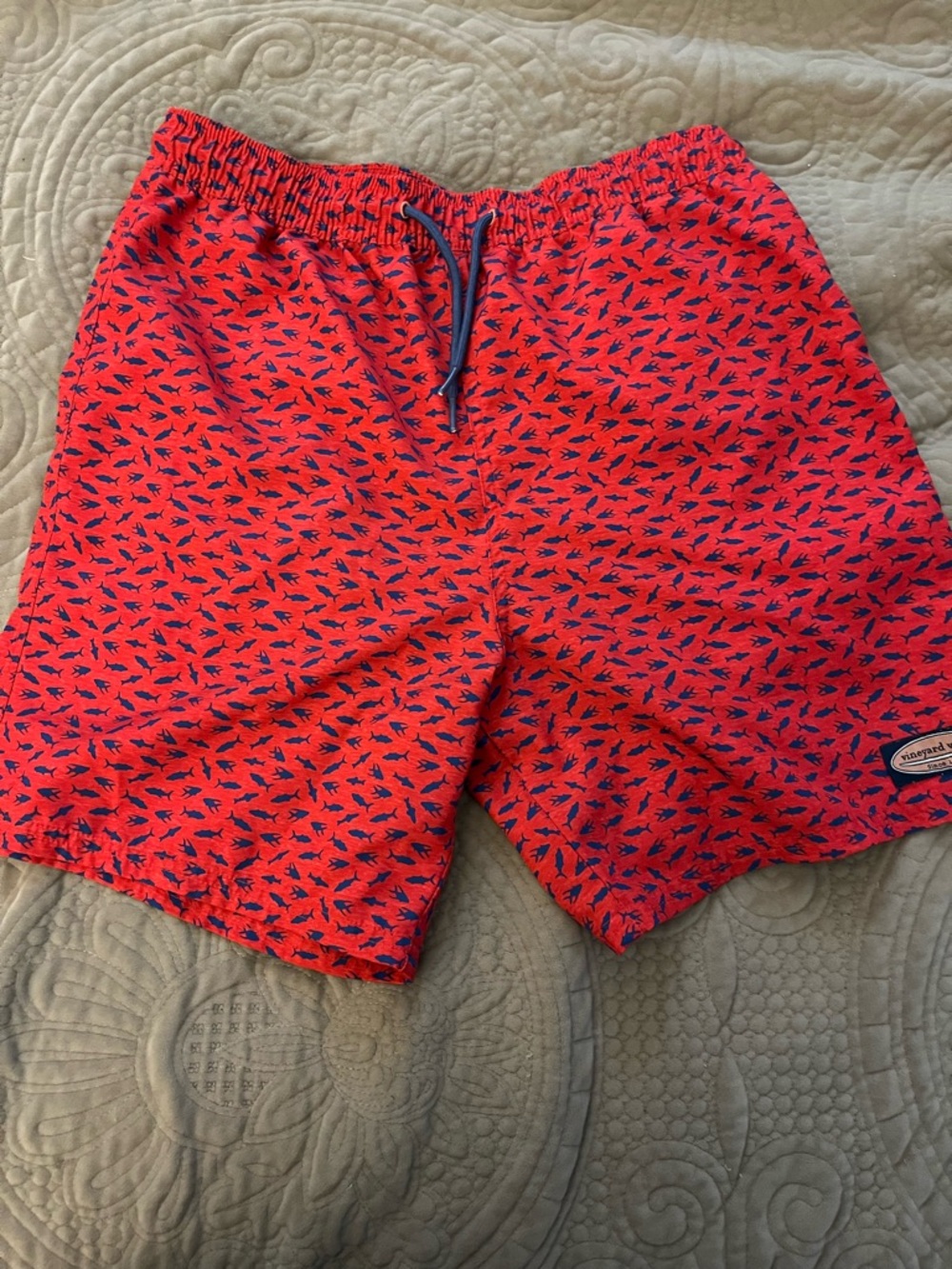 Vineyard Vines Kids Red Swim Trunks with Navy Fish Print